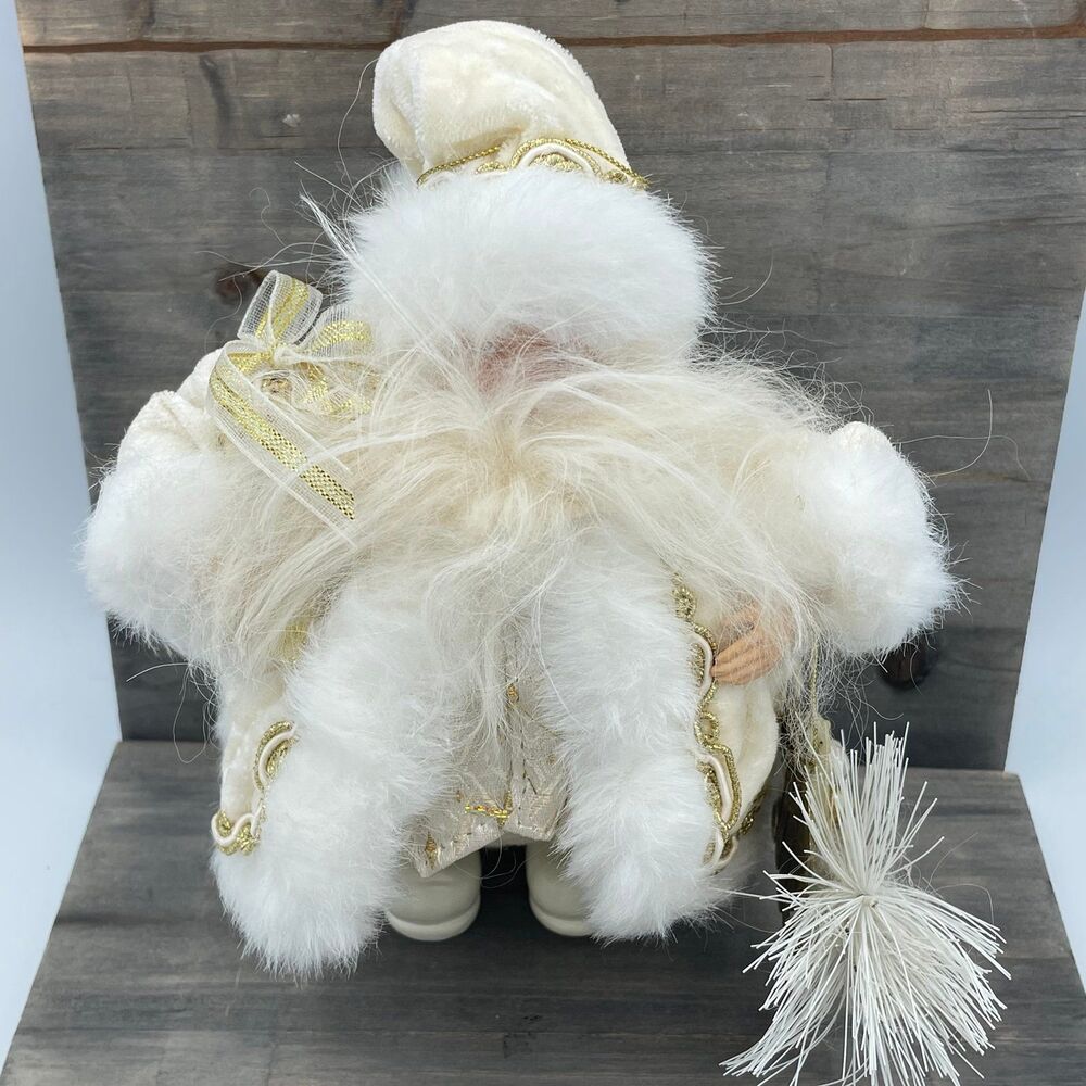 Vintage White Gold Santa Claus Figurine Christmas Doll Plush Fur Lace Holiday